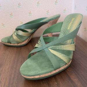 Enzo Angiolini Lime Green and Snakeskin Leather Strappy Cork Heels, Size 8 1/2